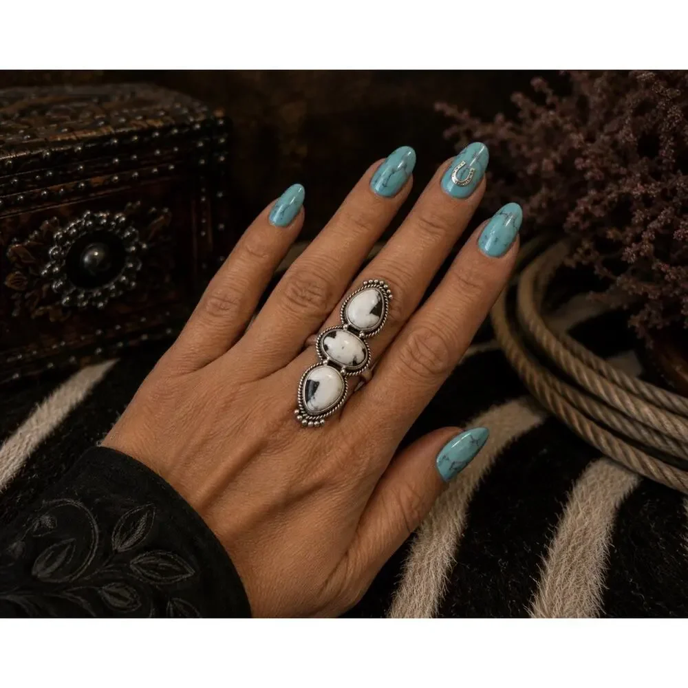 Turquoise White Buffalo Three Stone Southwestern Sterling Silver Ring sz 6-9